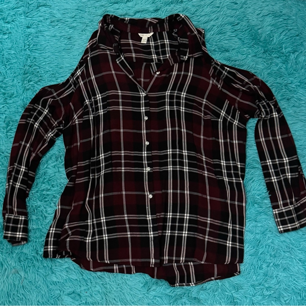 Plaid Cold Shoulder Button-Up Shirt